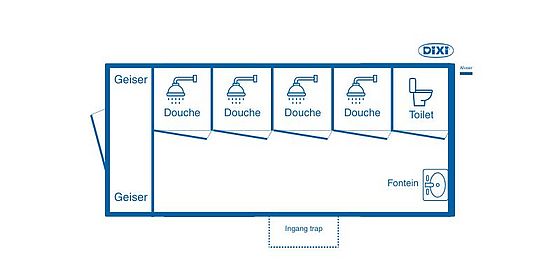 Douchewagen met vier douches en een toilet