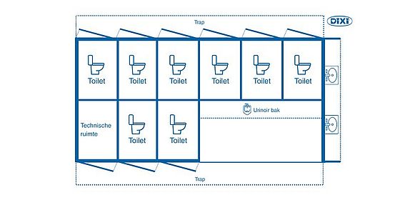 Toiletwagen met 8 toiletten en een urinoirgoot